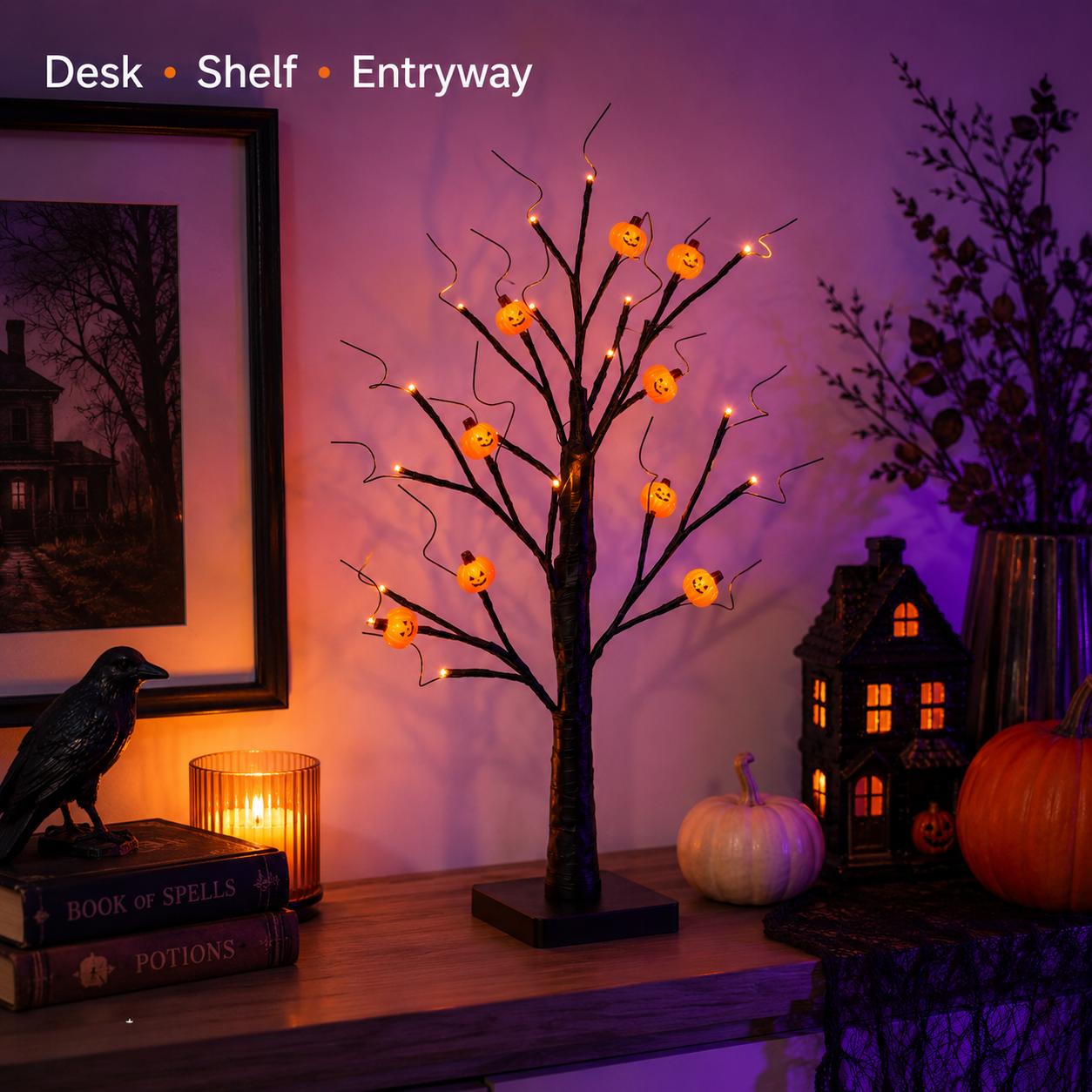 2-Piece Set, Halloween Tree Lights, 24-inch, Orange and Purple Glow, 24 LEDs, USB + Battery Powered, Halloween Decor, Suitable for Indoor Home Haunted Rooms, Fireplaces, Entryways, TV Console Decor