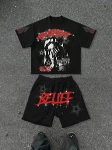 Men's Casual Geometric Pattern T-Shirt and Drawstring Shorts Set, Loose-Fit Rhinestone T-Shirt, Round Neck, Breathable, Ideal for Sports