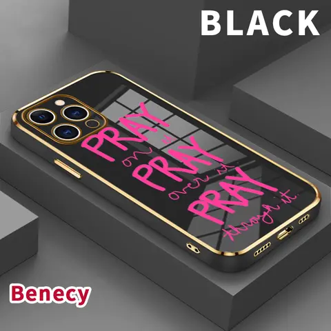 Metallic Electroplating Smartphone Cover - Just Pray Pattern, Classic Square Design, Non-Slip Shockproof TPU Soft Casing, Abrasion-Resistant Vivid Print, Easy Installation Device Protector for iPhone 11,12,13,14 Plus,15 Pro Max,16,17 Air