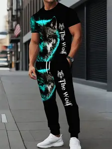 Men's 3D Wolf Print T-Shirt & Jogger Pants Set - Casual Streetwear Tracksuit