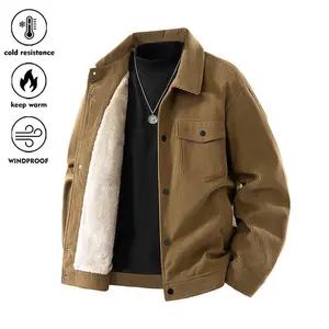 Men's Winter Lapel Jacket, Comfortable Thickened Fit, Corduroy Vintage Style Fleece Lined Warm Coat, Full Front Button Closure, Outdoor Hiking Travel Casual Daily Wear Menswear Tops