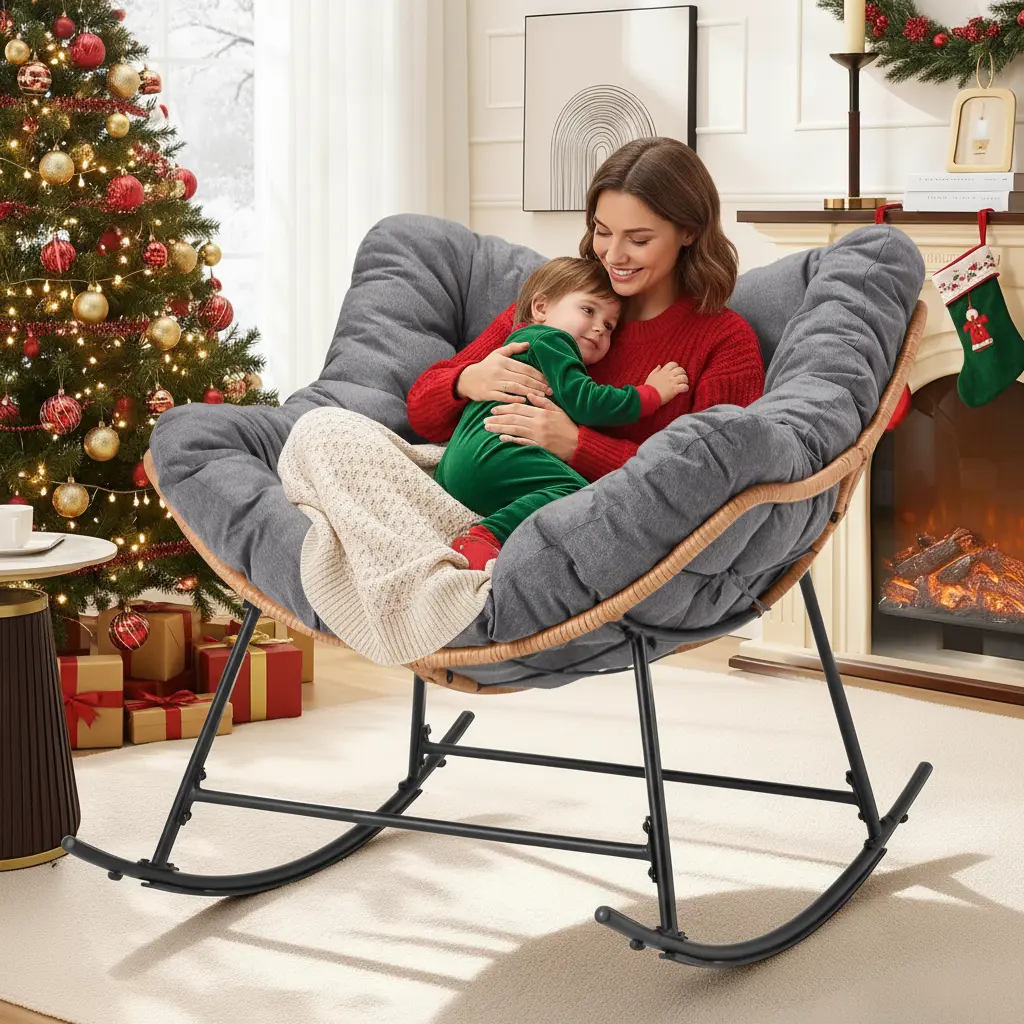 AHB Modern Armless Rattan Wicker Egg Chair - Cozy Reading Chair with 6-in Thick Cushions, Ergonomic Steel Frame with Straps, 450lbs Weight Capacity for Garden & Backyard Outdoor Furniture, Rattan Wicker Chair