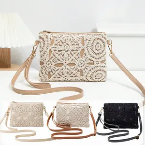 Stylish Hollow Out Crossbody Bag for Women Square Crochet Floral Zipper Clutch Boho Shoulder Purse with Detachable Strap for Vacation Casual