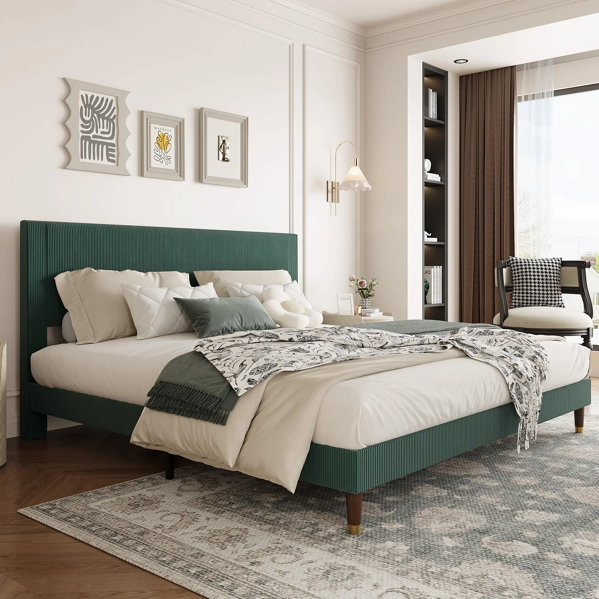 Garvee King Size Platform Bed Frame, Corduroy Upholstered with Vertical Channel Headboard & Footboard, No Box Spring Needed, Wooden Slat Support, Dark Green