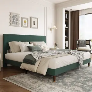 Garvee King Size Platform Bed Frame, Corduroy Upholstered with Vertical Channel Headboard & Footboard, No Box Spring Needed, Wooden Slat Support, Dark Green