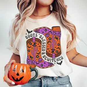 Boots Blessed Bewitched Women's Halloween Shirt, Western Halloween Tshirt, Witchy TShirt, Fall Comfort Colors Shirt, Gifts for Halloween Lovers