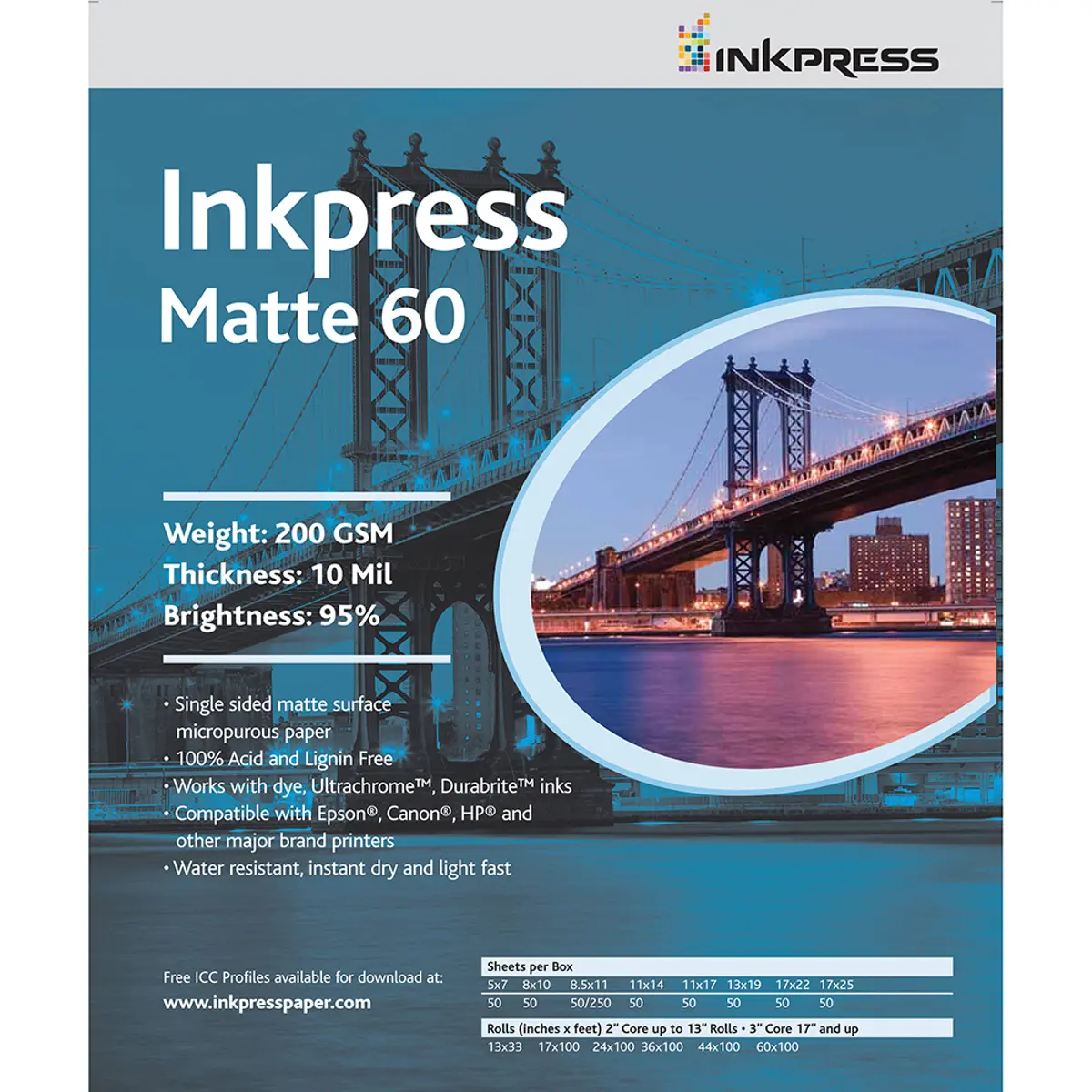 Inkpress Matte 60 Single Sided Bright White Inkjet Paper, 10 mil., 200gsm., 11x14", 50 Sheets