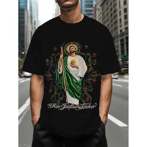 Mans 3D Digital Print Religious TShirt Featuring Saint Jude Thaddeus Spanish Text Golden Accents Breathable Crew Neck Short Sleeve Casual Gym Wear Durable Printing Perfect Halloween Gift