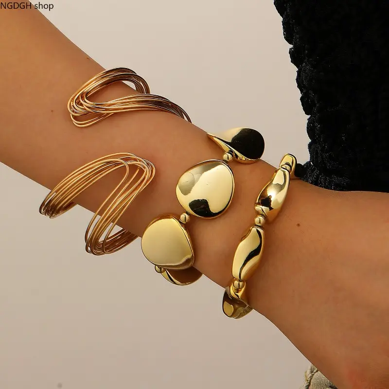 Irregular Shape Cuffs for Women, 3-Piece Trendy Layered Stacking Set with Winding Design, Openable Female Accessory, Fashion Bracelet, Irregular Shape Bracelets, Gy3-Piece Set - Irregular Winding Bracelet