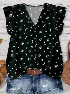 Boho Style Women's Shirt, V-Neck Loose-Fit Top, Boho Chic Floral Print Ruffled Sleeves, Summer Fashion Casual Blouse for Ladies