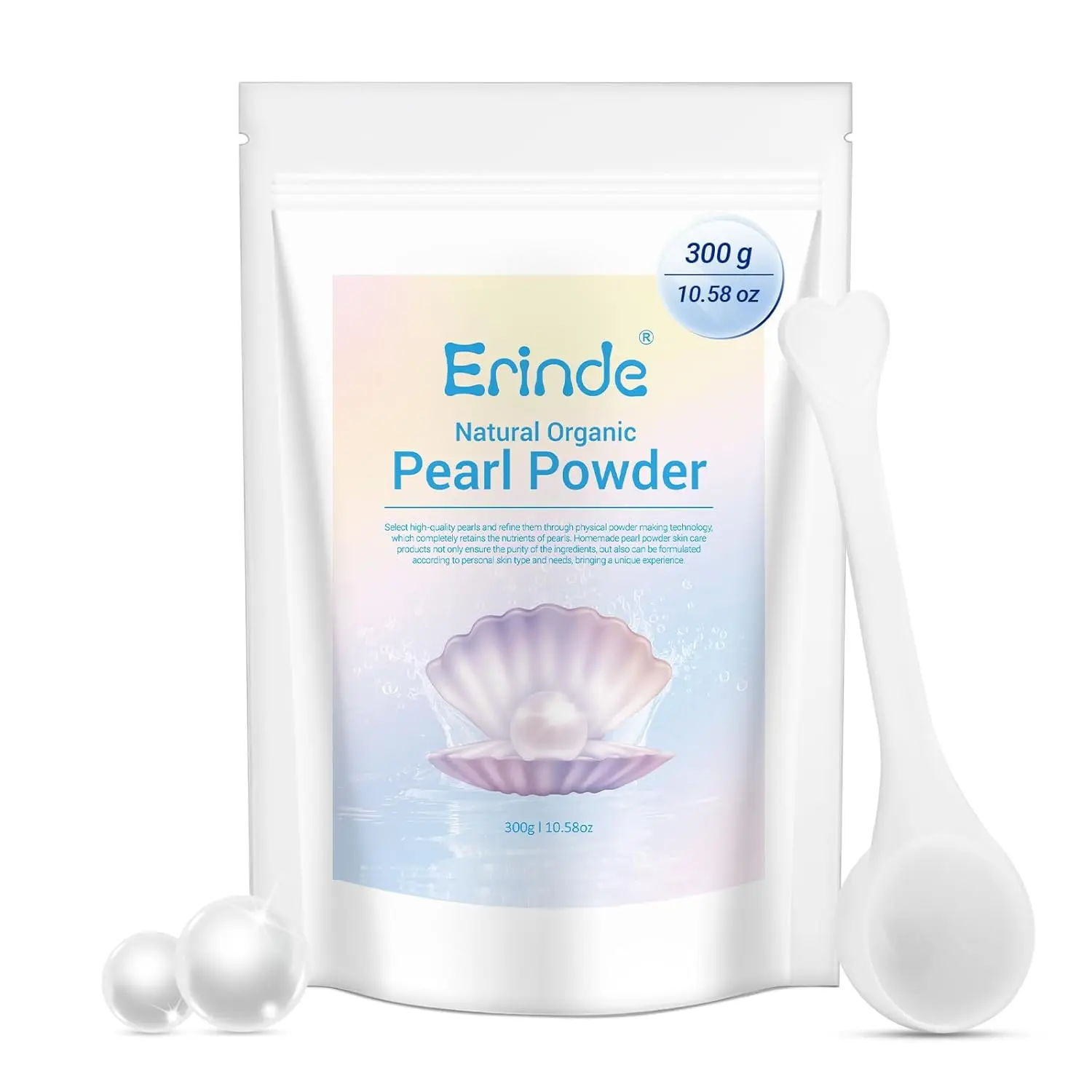 Erinde Organic 100% Natural Freshwater Pearl Powder - 300g (10.58 oz) Cosmetic Grade for Female Adults, Conditioning Non-Toxic DIY Skincare, 24-Month Shelf Life, Deep Cleansing Anti-Aging Antioxidant Face Mask for All Skin Types