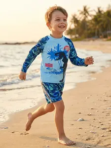 Long Sleeve Swimwear Set, Boy Sun Protection Beach Suit, Printed Dive Suit, Swimming Gear, Outdoor Water Play Clothes, Swimsuits With Shorts, Swimsuit Sets