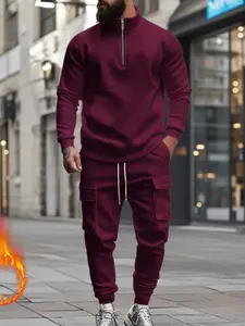 KZZ Men's Casual Fleece Lined Zipper Work Pants Set, Thick Fabric Warm Long Trousers for Fall & Winter, New Arrival Us Style Classic Clothes Menswear Shirts christmas gifts for him