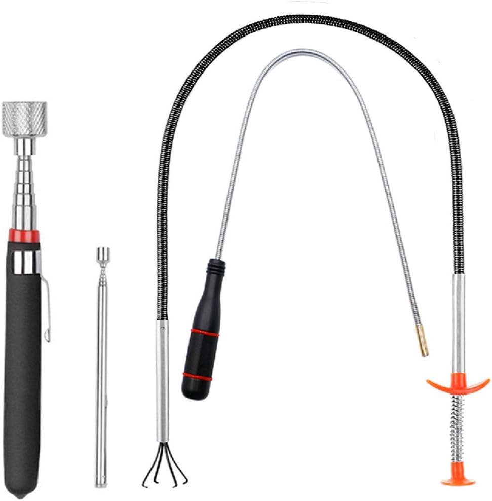4 Pack Telescoping Magnet Pick-up Tool Set - Retrieving Pickup Tools, Extendable Pick Up Tools, Bendable Spring Magnet Stick, Flexible Extra Long Reach Bendable Curve Grabber with 4 Claws