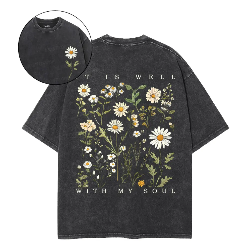 Women's Oversized Boxy Cotton Short-Sleeve Printed T-Shirt, Vintage Black Daisy Floral, "It Is Well With My Soul" Hymn Graphic, Heavyweight Everyday Top