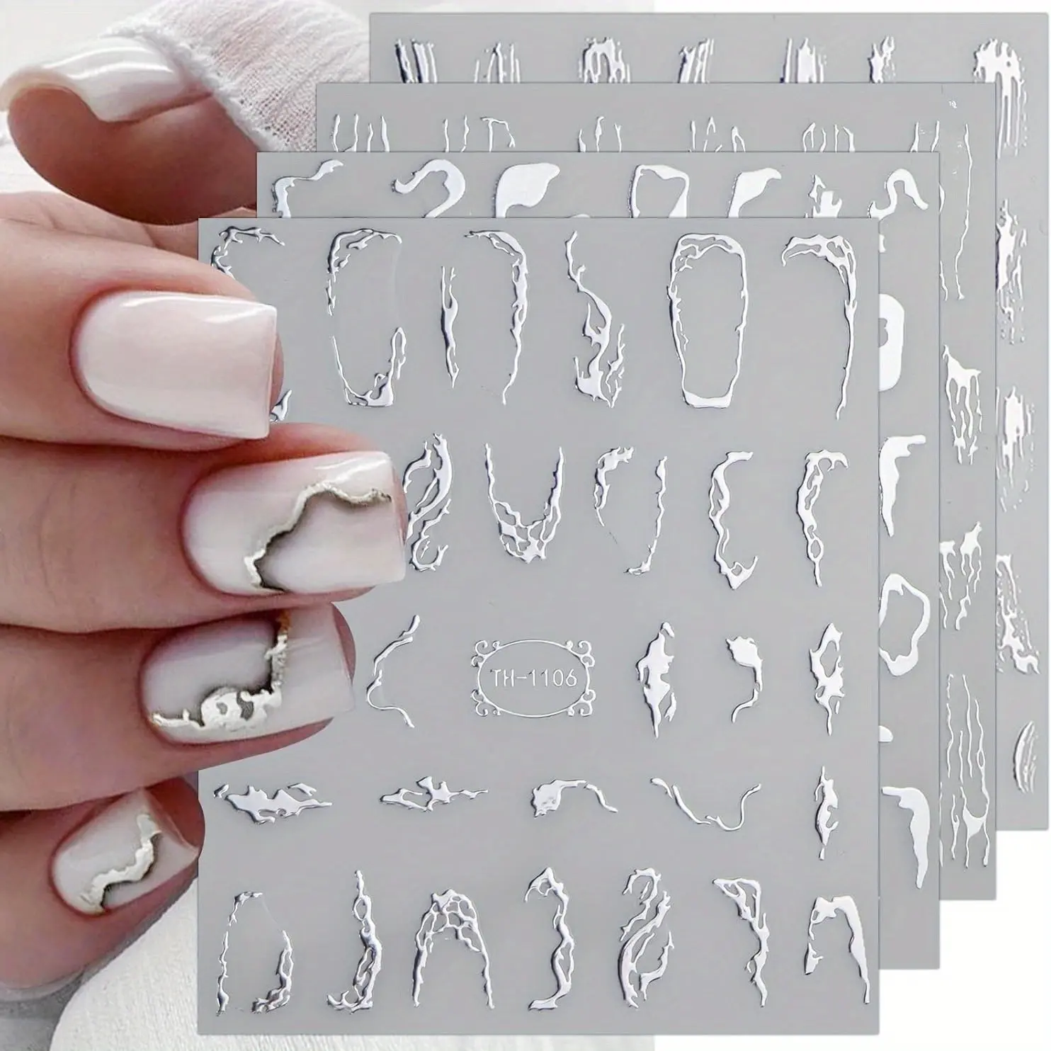 16 Sheets Silver Color Marble Line Nail Stickers, Self-Adhesive Nail Decals, Nail Art Design, Nail Art Supply, Nail Art Decoration Supplies, Nail Art Products, Single Item Pack