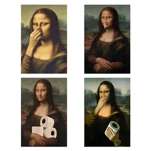 Funny Eclectic Bathroom Canvas Wall Art Vintage Humor Fun Mona Lisa Portrait Classical Aesthetics Painting Picture Wall Decor Da Vinci Poster Print Artwork for Toilet Washroom Home Decoration