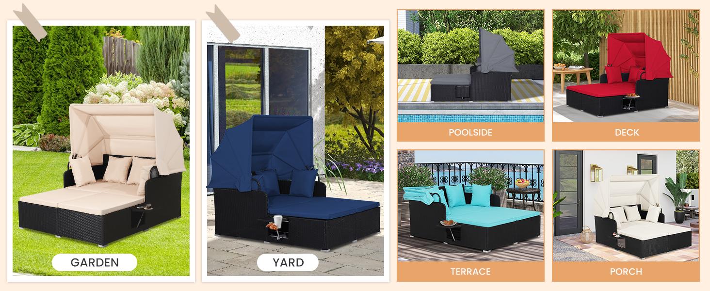 COSTWAY Outdoor Daybed, 2-Person Wicker Chaise Lounge with Retractable Canopy, Cushions & Pillows, 2 Side Trays, Patio Double Sofa PE Rattan Sunbed Lounger for Deck Poolside Garden Balcony