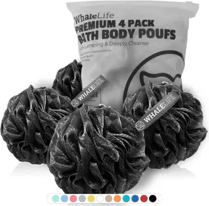 Loofah Bath Sponges – Black Gentle Exfoliating Shower Loofah for Rich Lather, Durable Mesh Body Scrubber for Men & Women – 4 Pack