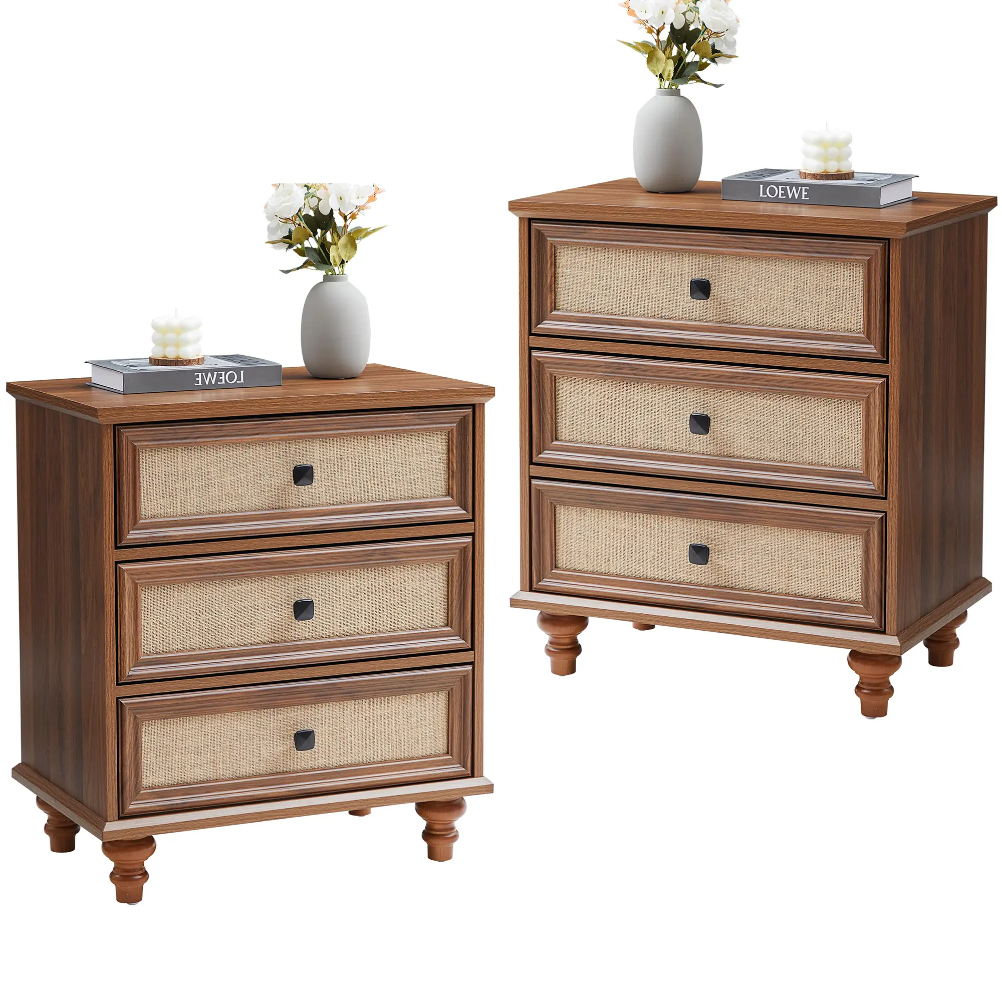 Giratree 3 Drawer Dresser for Bedroom, Mid Century Modern Wide Wood Vintage Chest of Drawers Wooden Storage Organizer Dressers with Burlap Rattan Drawers for Living Room, Hallway Closet