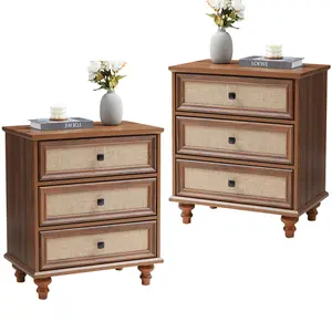 Giratree 3 Drawer Dresser for Bedroom, Mid Century Modern Wide Wood Vintage Chest of Drawers Wooden Storage Organizer Dressers with Burlap Rattan Drawers for Living Room, Hallway Closet