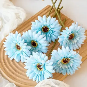 6pcs Blue Artificial Gerbera Daisies with Stems & Ivory Real-Touch Rose Bouquet, Lifelike Faux Flowers for Wedding, Home Outdoor Decor Supplies Handcrafted Silk Ribbon Petals Led Light Up Eternal in Glass Dome front door galaxy dried buy my own fuzzy wire