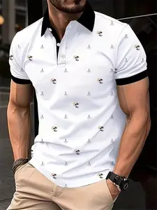 Men's D Print Polo Neck Button Short Sleeve Simple Polo Shirt, Summer Outdoor Travel Wear, Daily Fashion, Perfect Gift for Boyfriend