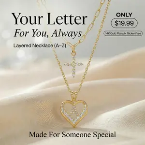 MEIITRUE For You Always 14k Gold-Plated Heart Initials & Cross Necklace Set with Cubic Zirconia -  Layered Chains with Adjustable Length, Elegant Personalized Gift Swasika jewelry