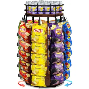 Chip Rack Display Stand, 5 40 Clips Snack Organizer with Fence, 360°Rotating Wooden Base Chip Bag Holder Candy Display for Concession Stand Countertop,, Retail, Home Office, Brown