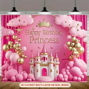 1pc 2D Flat Official Licensed Princess Birthday Party Banner - Pink Castle Happy Birthday Princess Decoration with Golden Accents, Crown - for Girls Room, Wedding, Photo Backdrop - Easy Hang No Ornaments White