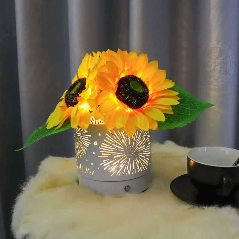 Sunflower Flower Pot Lamp Creative Ornament Decoration Bedroom Lamp LED Fireworks Projection Lamp with Dimmable Feature for Room Decor stylish lighting color