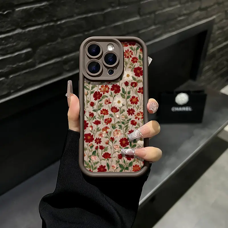 Vintage Red Floral iPhone Case, Cottagecore Flower Design Phone Case for iPhone 17 Pro Max 16 15 Plus 14 13 12 11 XR XS Galaxy S25 S24 S23 S22 S21, Shockproof Durable Protective Case
