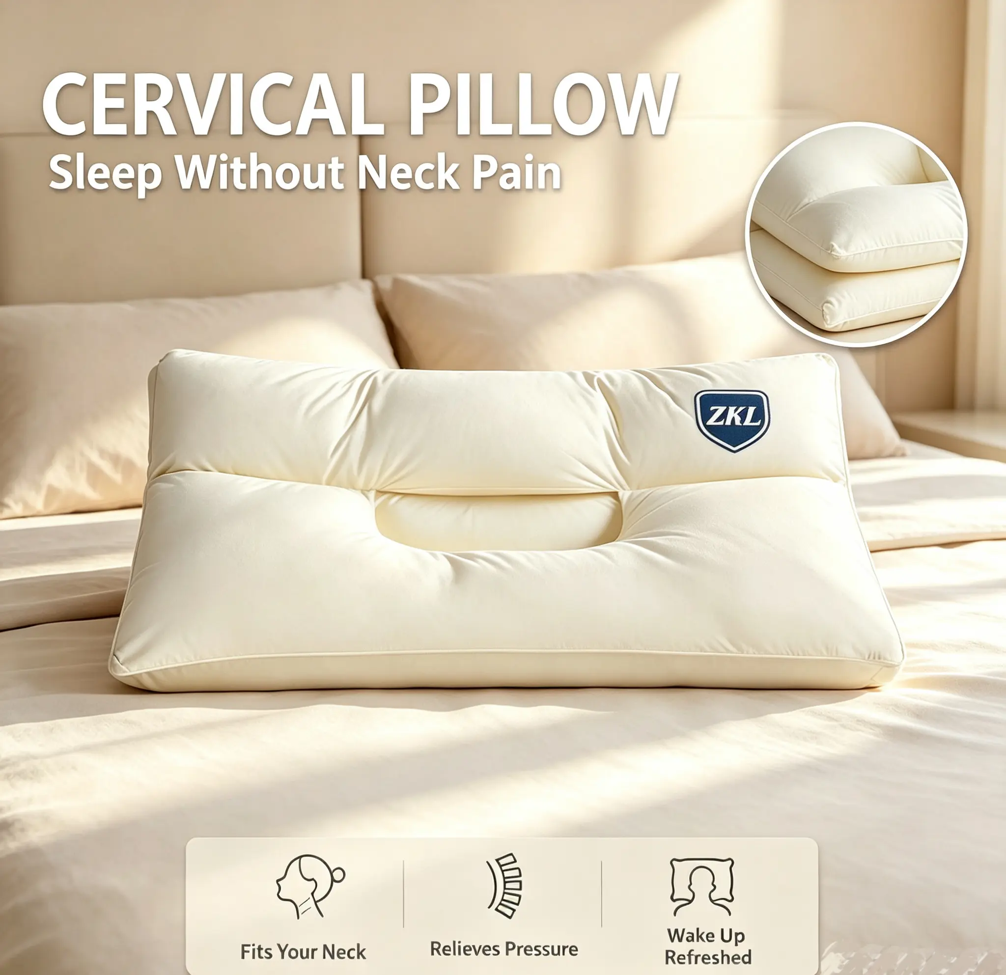 Zikklos 3-Proof Cotton Neck Pillow - 45×70cm Standard Size, Double-Layered, Oil-Proof, Stain-Resistant, Removable Cover, Pressure-Relieving, Supportive, Ergonomic, Breathable, Plush, Skin-Friendly Sleep Cushion for Neck Care