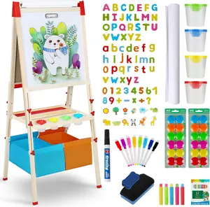 3 in 1 Adjustable Kids Art Drawing Easel Set 130+ Art Supplies Wooden Double Sided Magnetic Chalkboard and White Board with Paper Roll for Kids Aged 2-12