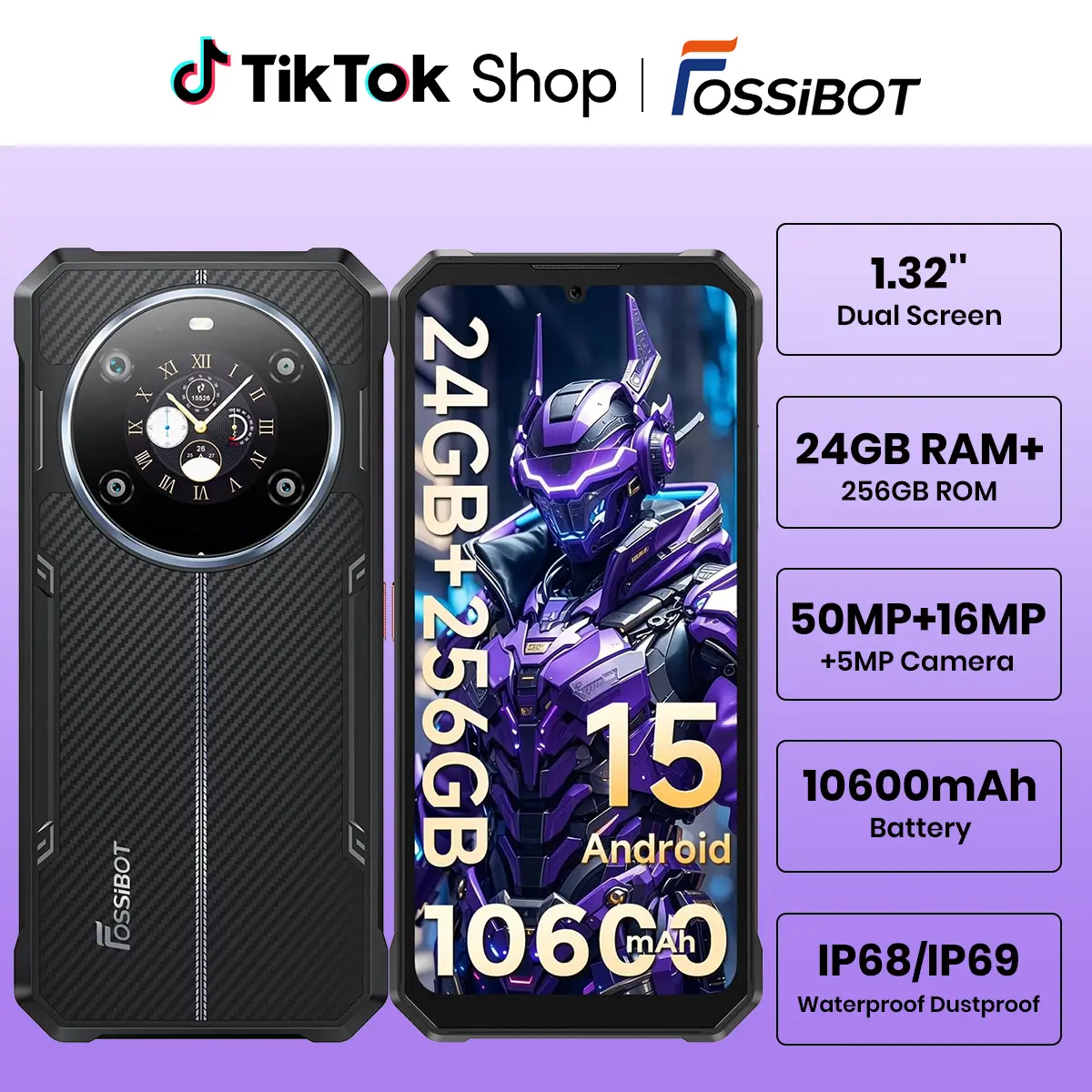 FOSSIBOT F109S Rugged Phone Unlocked(2026), 24GB+256GB/2TB Android 15 Gaming Phone, 6.75'' FHD+1.32 Dual Display, 10600mAh Battery Cell Phone,50MP+16MP+5MP Camera,Dual SIM 4G T-Mobile/IP68/IP69K/NFC