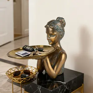 1pc retro-style brushed copper texture artistic female statue tray decoration, practical and creative festival decoration, indoor table decoration, home decoration, wardrobe, jewelry display, Christmas, Thanksgiving, Valentine's Day gift, housewarming gif