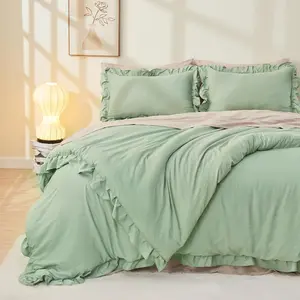 Queen Sage Green, 3 Ruffle Shabby Farmhouse Aesthetic Comforter, Lightweight Fluffy Microfiber (90x90In Comforter, 2 Pillowcases)