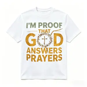 Men's Christian Cotton T-Shirt - I Am the Proof of God's Prayer Response, Golden Crown Cross Lettering, Ultra-Soft Breathable Natural Casual Menswear, Round Neck Short Sleeve, White & Black, Ideal for Church Easter