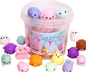 Squishies Squishy Toy 24pcs Party Favors for Kids Mochi Squishy Toy moji Kids Mini Kawaii squishies Mochi Stress Reliever Anxiety Toys Easter Basket Stuffers fillers with Storage Box