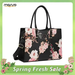 MOSISO Peony Floral Laptop Tote Bag for Women 15.6-17.3 Inch Waterproof PU Leather with Adjustable Handle Shockproof Compartment Large Capacity for Business Office School Travel