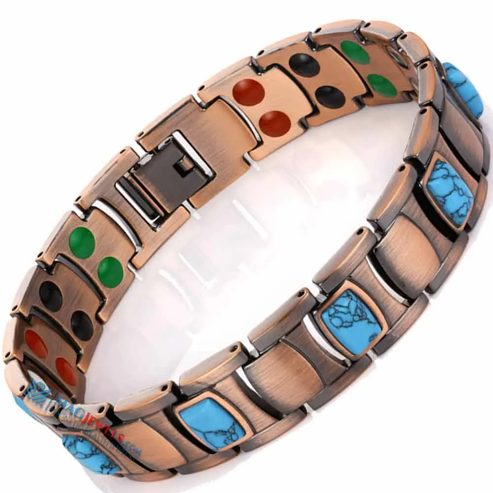 Men's Vintage Copper Magnetic Bracelet with Turquoise Inlay, Versatile and Adjustable Band with 5000 Gauss Magnets for Pain Relief