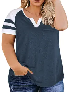 ROSRISS [14-28W] Plus-Size Tops for Women Summer V Neck T Shirts Color Block Raglan Tees VPS0053 Sleeves