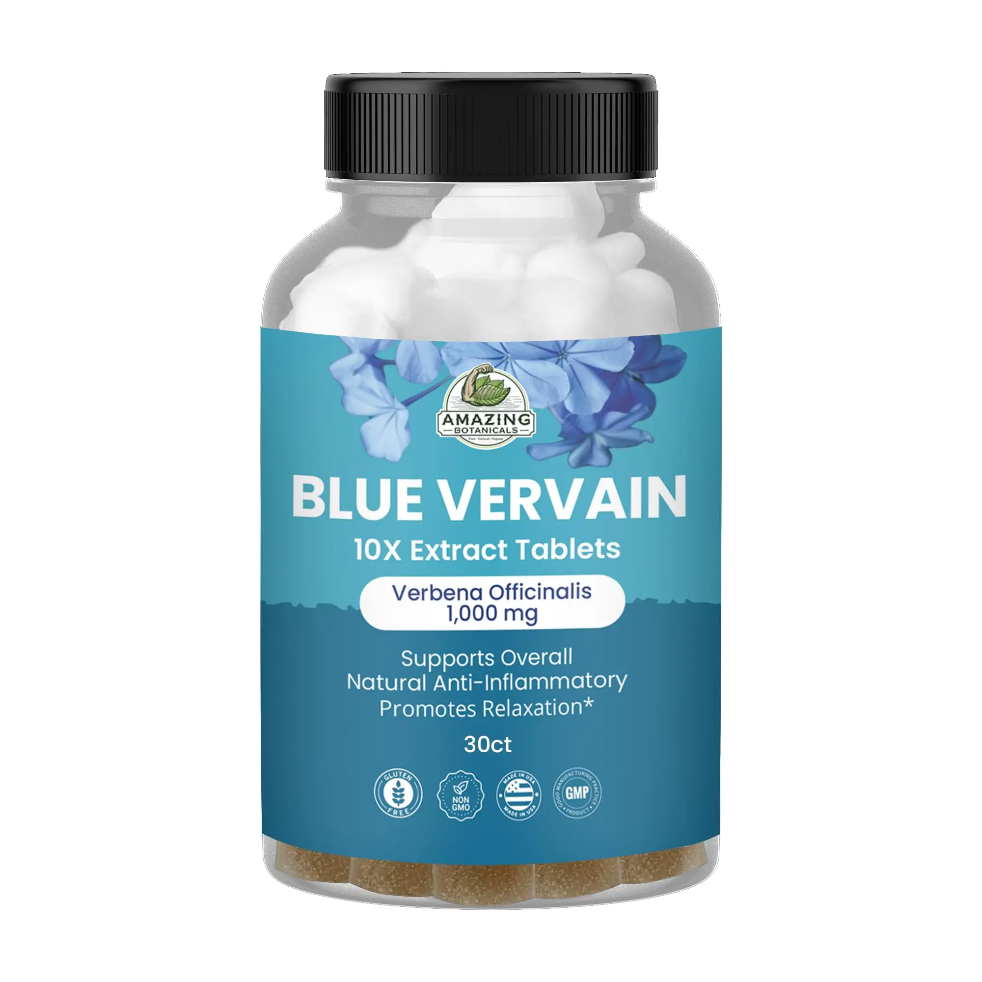 Amazing Botanicals Blue Vervain Stress Calm Supplement Tablets - 10X Pure Herb Extracts, 1000mg Verbena Officinalis Edible Dietary Tablets, GMP-Compliant Facility Manufactured, 30ct Daily Wellness Supplement, Herbs