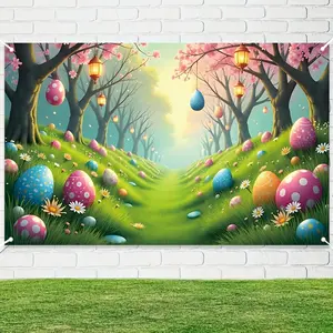 1PC,2D Flat Easter Theme Backdrop, Colorful Egg Cherry Blossom Tree Scene Decoration Tapestry, Children's Party Photo Background Wall, Festival Decor Hanging Cloth, Lawn Egg Forest Photography Backd
