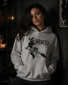 Merwitch Graphic Hoodie for Women, Cozy Pullover Sweatshirt in Soft Cotton Polyester Fabric with Front Pouch Pocket and Matching Drawcord