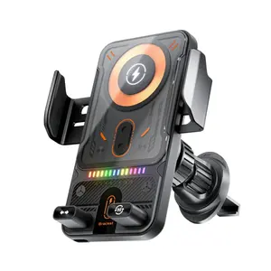 15w Car Mount Wireless Charger Holder, Inductive Open-Close Rotating 90°, Compatible with iPhone & Samsung Models, Seven-Color Indicator