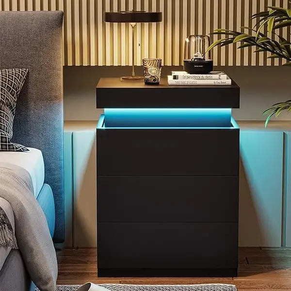 SIKAIC Black LED Nightstand - Bedroom Furniture, RGB Mood Lighting, Slide-Open Top Drawer, USB Ports, Charging Station, Storage Bedside Table for Bedroom