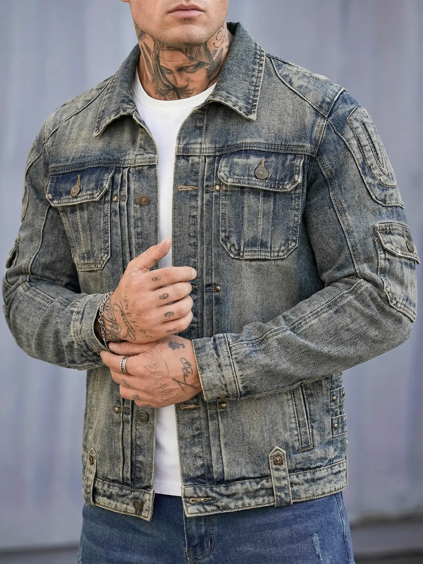 New Arrival Heavyweight Men's Denim Jacket, Comfortable & Loose Fit with Embroidery, Washed Finish and Multi-pocket Workwear Design, a Trendy Pick for Men and Teenagers Vintage Casual Coats Outerwear