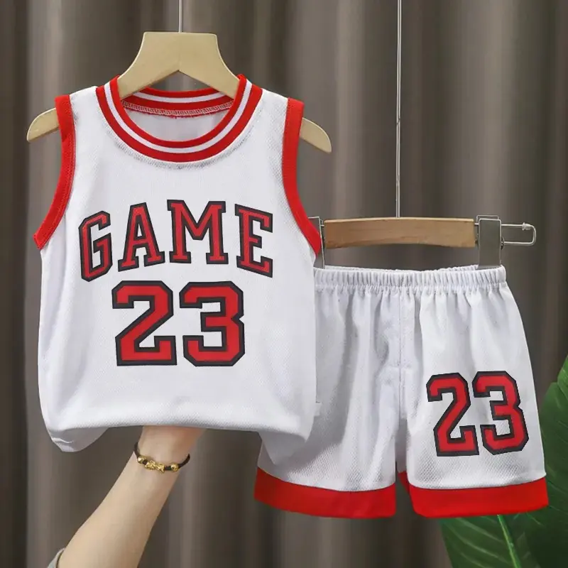 Two-Piece Set Boy's Basketball Jersey Set, Contrast Binding Sporty Design Sleeveless Basketball Vest & Shorts, Summer Clothes for Kids Outdoor Sports, Sleeveless Jerseys Boys, Sports Clothing Set