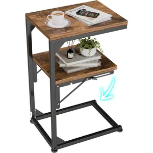 C Shaped End Table for Couch, Foldable Table with 2 Shelf Storage, TV Tray Table for Sofa Bedside, Rustic Brown